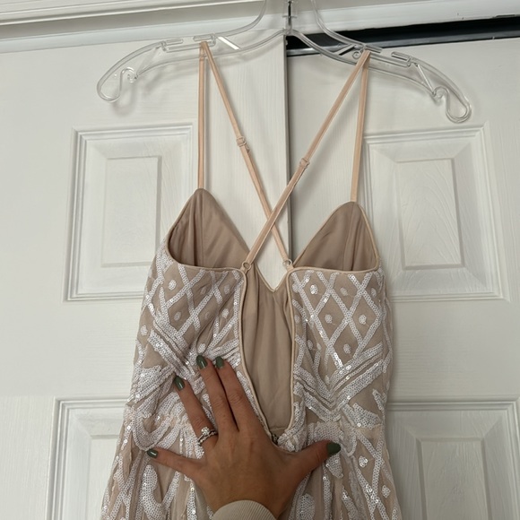 Lulus Catch a Spark White and Beige Sequin Romper for bachelorette shower or fun - Picture 4 of 13